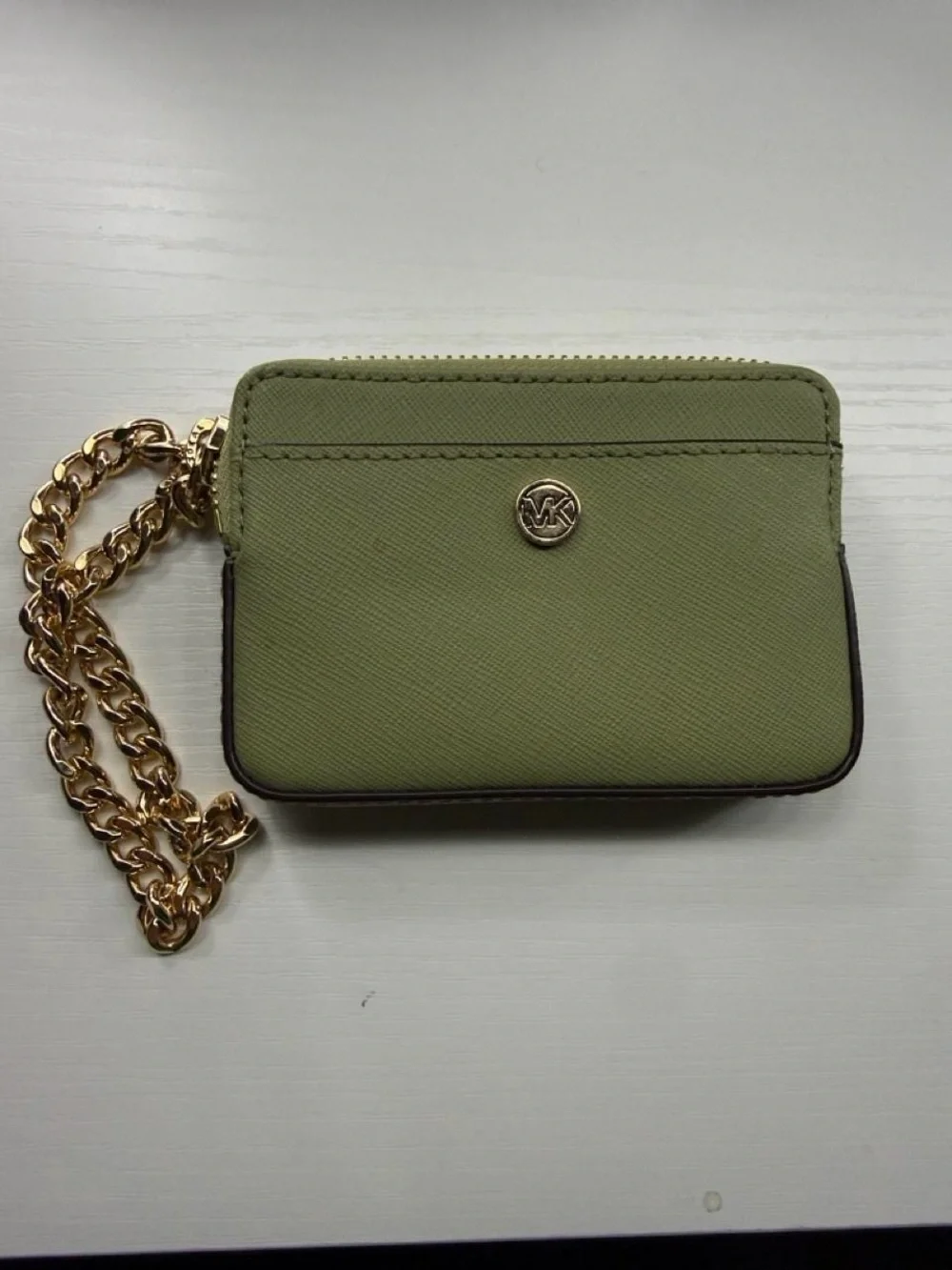 Michael Kors Olive Card Case Wallet with Gold Chain Accent